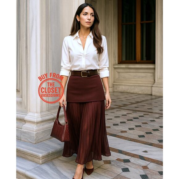 ZARA High-Waisted Pleated Skirt NWT | Burgundy Midi Mixed Media M - Picture 3 of 16